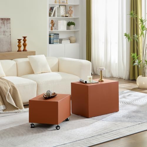 2-Piece Small Cube Side Table and Rolling Side Table Set | Modern Movable End...