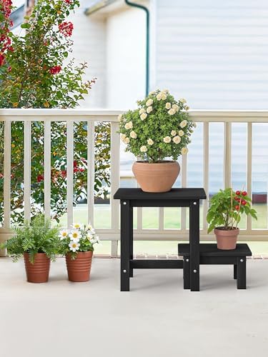 LUE BONA Small Outdoor Side Table with Removable Footstool for Patio, Black