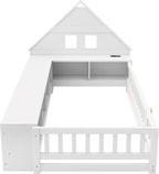 Twin Size Floor Bed with House-Shaped Headboard, Guardrail and Cabinet (White)