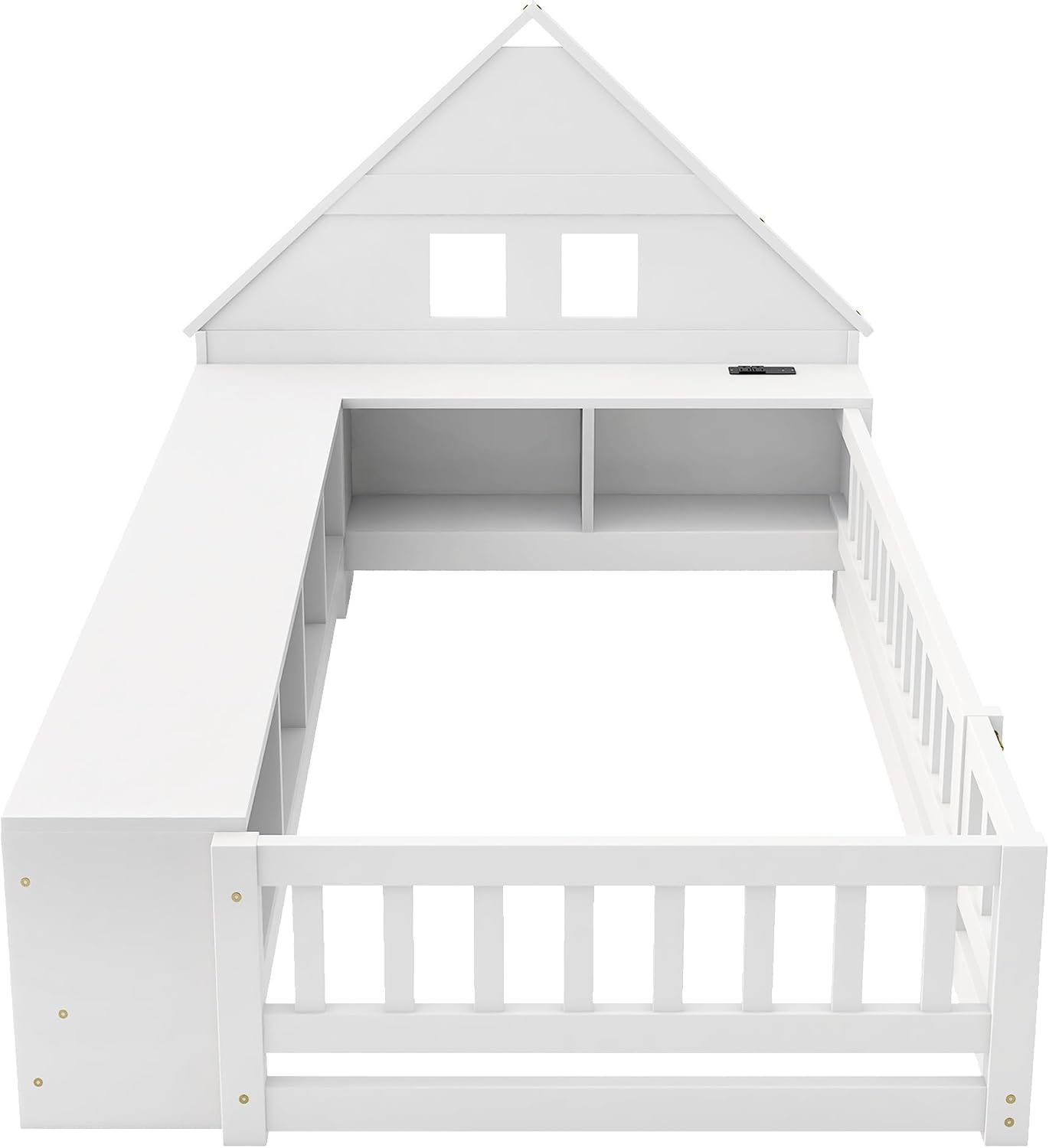 Twin Size Floor Bed with House-Shaped Headboard, Guardrail and Cabinet (White)