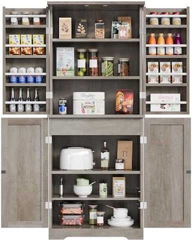 Vongrasig Kitchen Pantry Storage Cabinet with Barn Doors, Drawer and Adjustab...