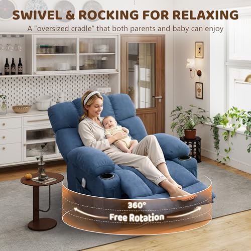 Oversized 360° Swivel Massage Rocker Recliner Chair, Massage & Heat, Blue | Vibration Massage, USB Charge Port, 4 Pockets 2 Cup Holders, Comfy Rocking Recliners for Living Room & Bedroom, Reading Chair