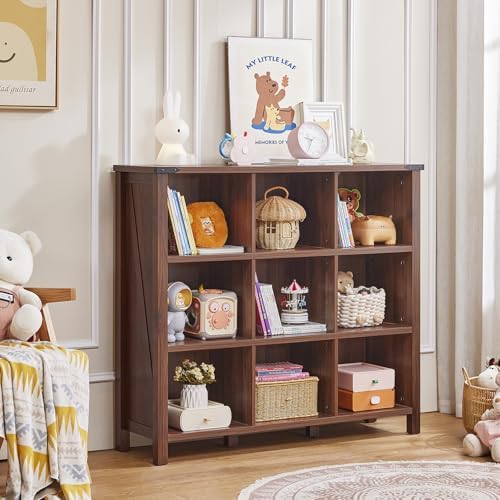 Joaxswe 9 Cube Bookcase, Farmhouse 47 Inch Wide Brown Walnut Bookshelf, Woode...