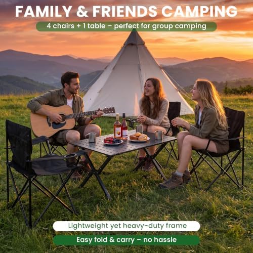 4 Pack Folding Camping Chairs with Table Set, Foldable Portable Lawn Chairs w...