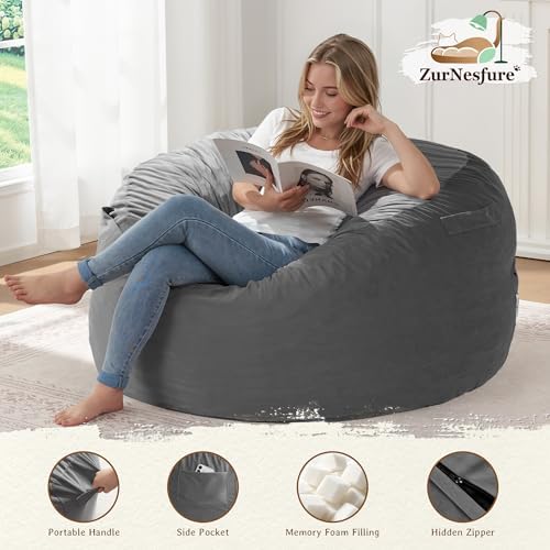 ZurNesfure Bean Bag Chairs for Adults 3FT with Memory Foam Grey, Medium | Gia...