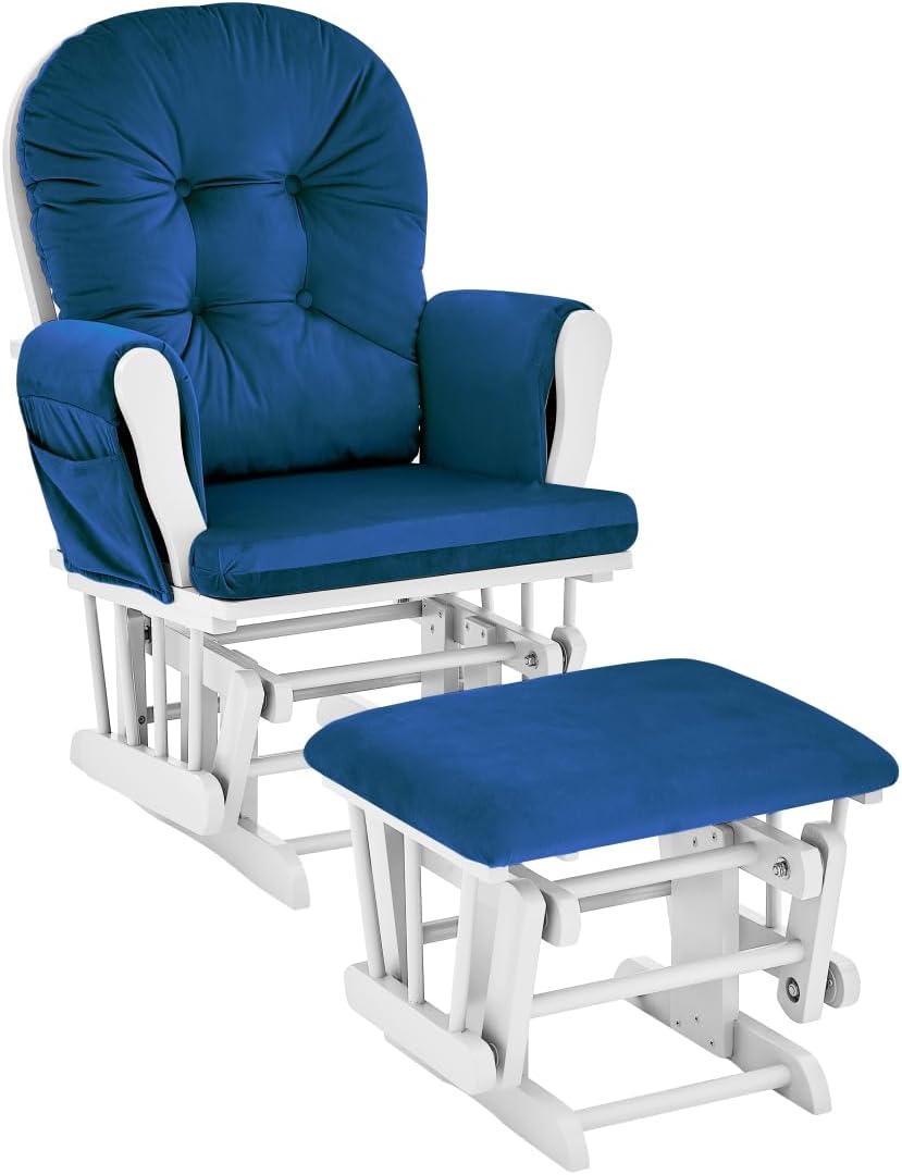 Suite Bebe White Wood and Navy Fabric Glider and Ottoman - Perfect Spot for Bonding with Your Baby
