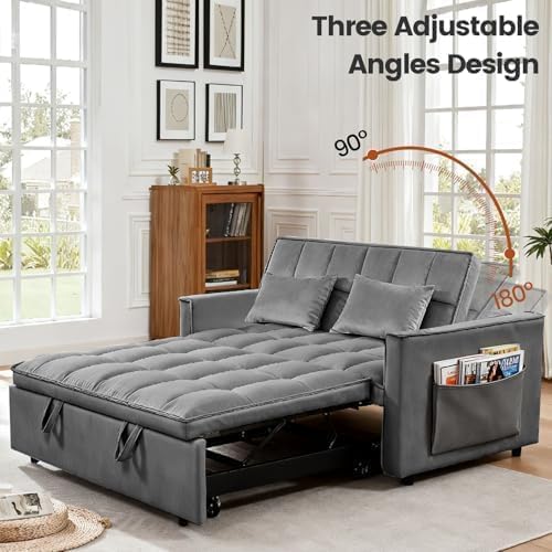 54'' Sleeper Sofa Bed, Convertible Pull Out Couch Futon with Side Pockets, Velvet Loveseat Sofa Bed with Adjustable Backrest, Armrest Pillows for Living Room Dorm Apartment, Dark Gray