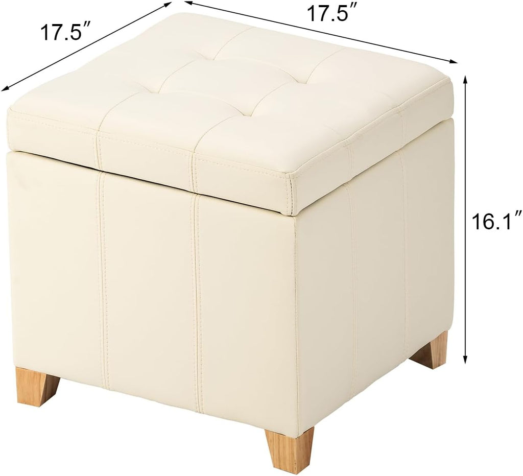 Adeco Square Storage Ottoman with Hinged Lid, 16" Upholstered Foot Stool & Seat for Entryway, Living Room, Faux Leather with Wood Legs (Ivory White)