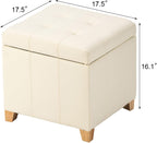 Adeco Square Storage Ottoman with Hinged Lid, 16" Upholstered Foot Stool & Seat for Entryway, Living Room, Faux Leather with Wood Legs (Ivory White)