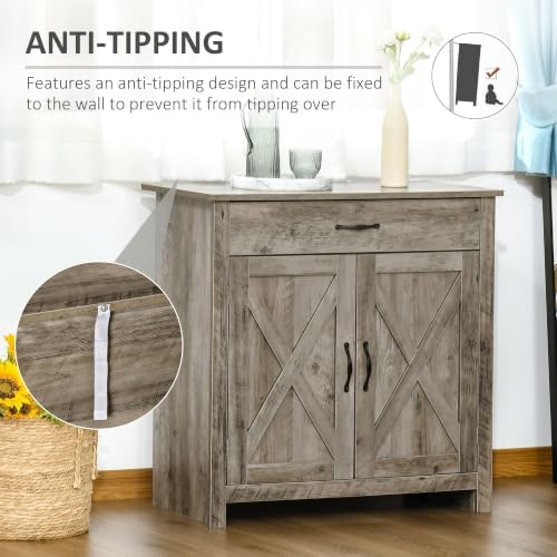 HOMCOM Farmhouse Sideboard Buffet Cabinet Barn Door Gray