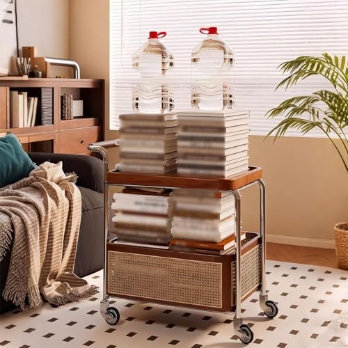 Brown Wood Rolling Side Table - 2-Tier Multi-Functional Utility Cart with Rat...