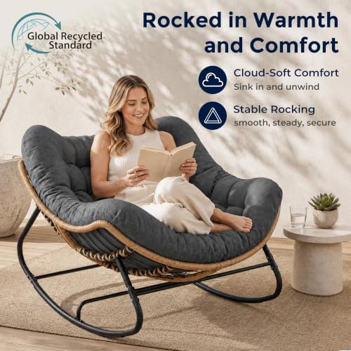 SWITTE Papasan Rocking Chair, Outdoor Wicker Egg Rocker with Cushion, Grey | ...