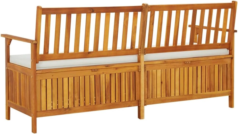 Outdoor Storage Bench with Cream Cushion, 67 Inch Acacia Wood Patio Entryway ...