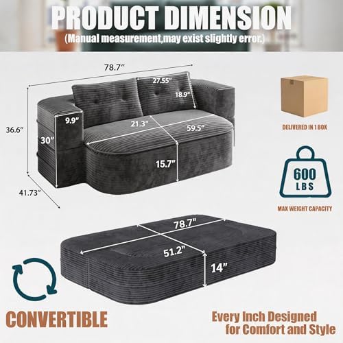 78.7" Futon Sofa Bed, Memory Foam Convertible Couch, Dark Gray | Sophisticated comfort with premium corduroy, one-flip conversion, built-in blanket, and ergonomic support