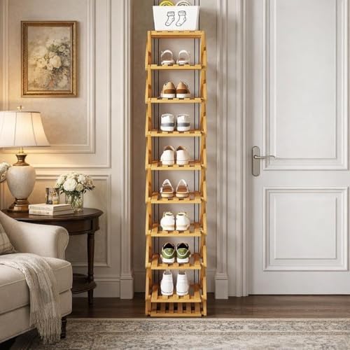 Foldable Shoe Rack, 9-Tier Bamboo Vertical Shoe Organizer, Narrow Space-Saving Shelf, No-Tools Assembly, Expandable Storage for Closet, Entryway, Corner, Bedroom (Brown, 9 Tire)