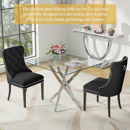 Square Glass Dining Table Set for 2, Modern 36" Glass Kitchen Table with...