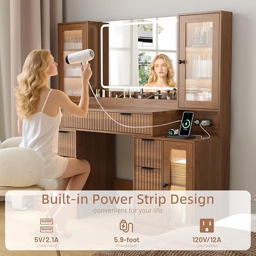 55" Vanity Desk with Mirror & Lights, Fluted Makeup Vanity with 8 Dr...