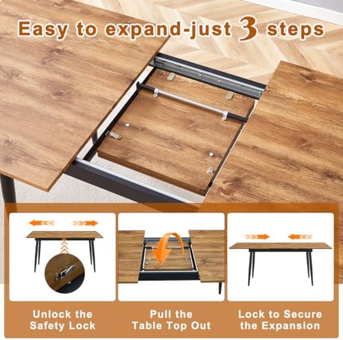 59"-75" Extendable Dining Table Set for 6, Mid Century Dining Room Table Set for 6, Modern Wood Kitchen Table Upholstered Chairs Set of 6, Ideal for Dining Room,Office, Space-Saving, Easy to Assemble