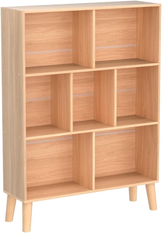 LEYAOYAO Wooden 7 Cube Book Shelf, Natural 3 Tier Bookshelf with Legs, Modern...