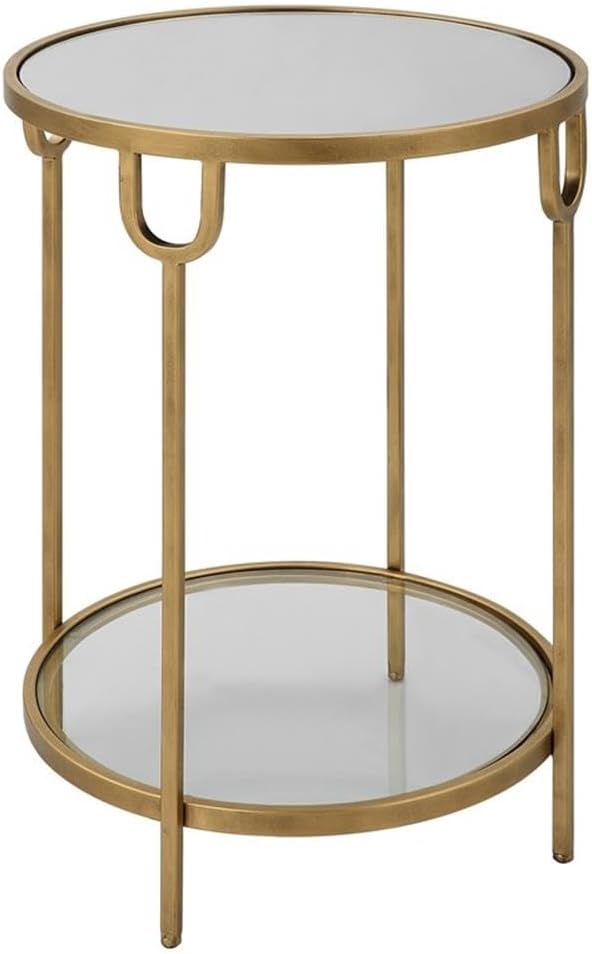 BOWERY HILL Round Two-Tier Iron Accent Table, Antique Gold Finish, Mirrored T...