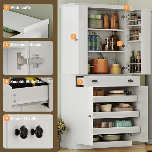 IRONCK 72" Kitchen Pantry Cabinet with Drawer and Sliding Racks, White |...