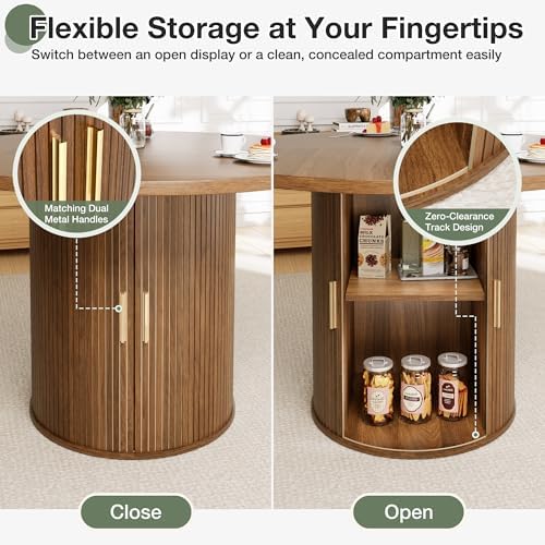 47-Inch Round Dining Table for 4-6, Tambour Door Storage, Walnut