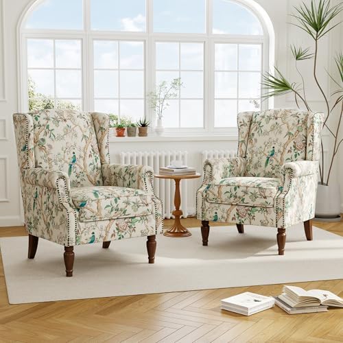 Wingback Accent Chair with Wood Legs, Bird, Set of 1 | High Back with Side Wings | Armrest Nailhead Trim | Solid Wood Frame | High-Density Foam Cushion | For Living Room & Bedroom