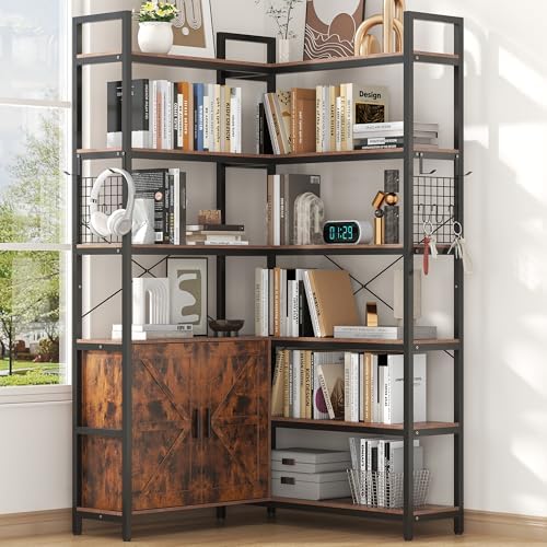 6-tire Farmhouse Corner Book Shelf with 2 Barn Doors and 10 Storage Shelves, ...