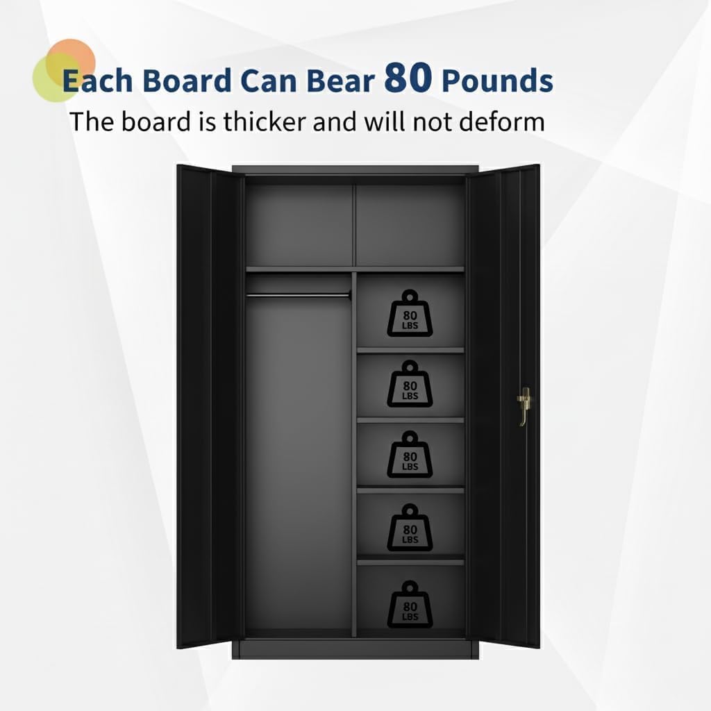 Steel Wardrobe Cabinet with Locking Doors | Adjustable Shelves & Hanging Rod, Large Metal Storage Closet, For Clothes, Tools, Garage, Home, Gym, Government