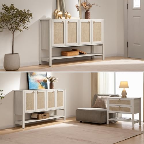 SICOTAS White Sideboard Buffet Cabinet with Rattan Doors, 55" Boho Credenza