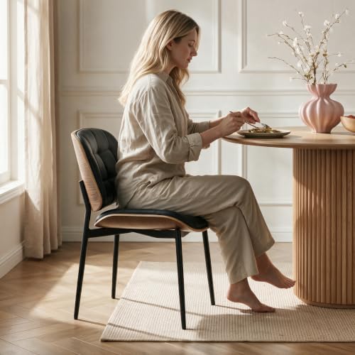GrandNoor Mid Century Modern Dining Chairs with Walnut Grain Back, Black Faux...