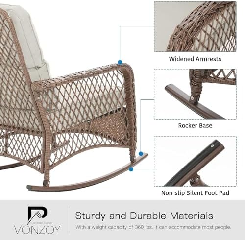 Patio Furniture Set 3 Pieces, Wicker Outdoor Rocking Bistro Set, Pale White