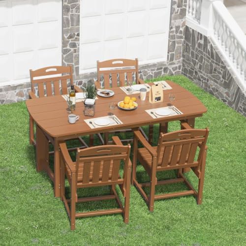HDPE Outdoor Dining Set, Patio Table and 4 Chairs, 2" Umbrella Hole, Teak