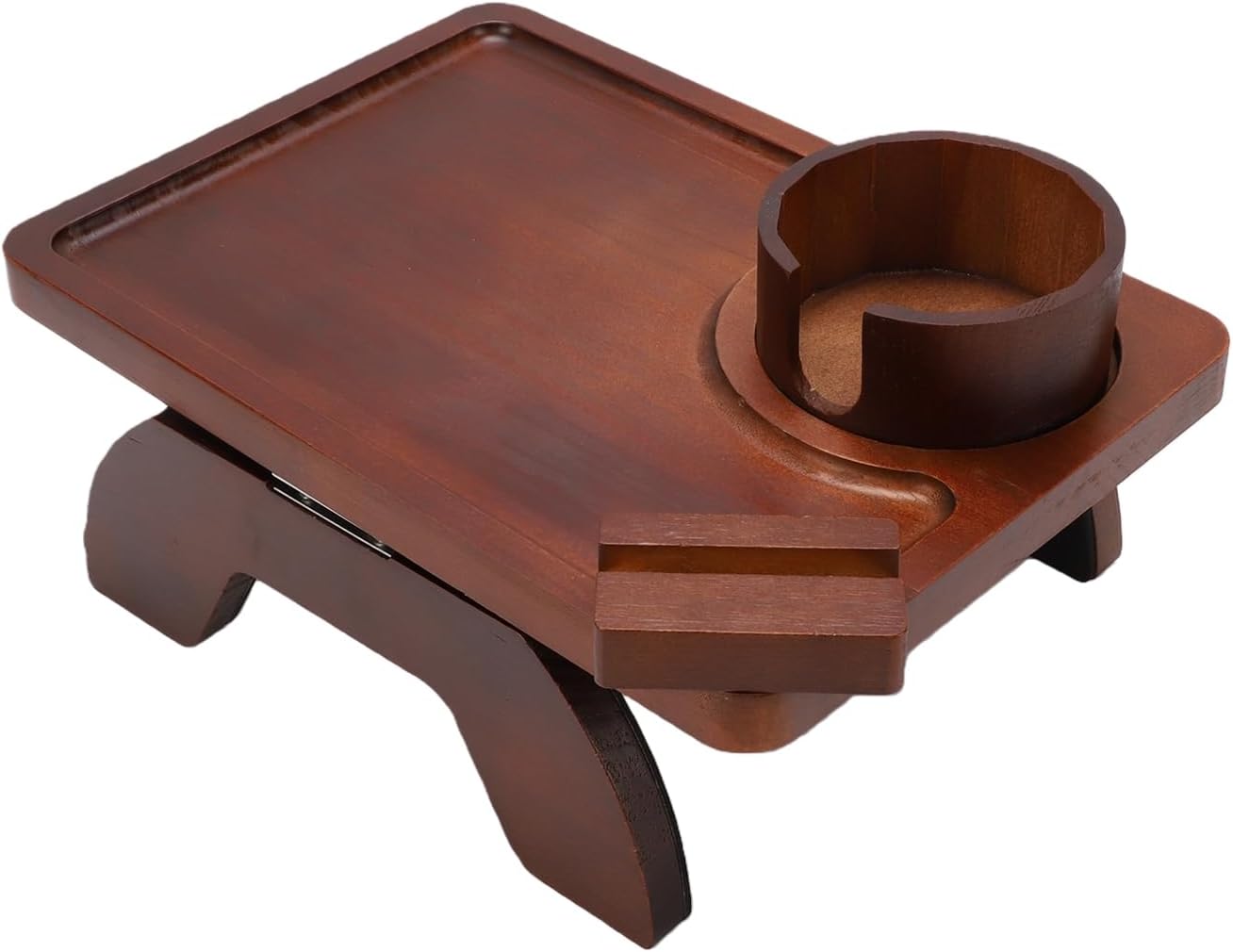 Foldable Sofa Arm Tray, Wood Couch Armrest Table with 360 Rotatable Phone Stand & Cup Holder for Living Room Snacks, Drinks, Books, Remotes (Brown)