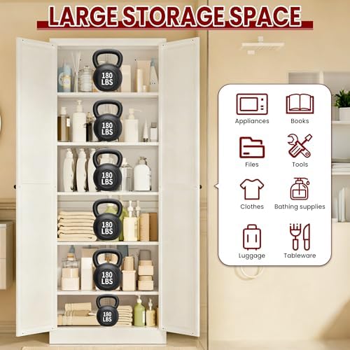 AQY Metal Pantry Cabinet, 72" White Kitchen Storage Cabinet with Doors