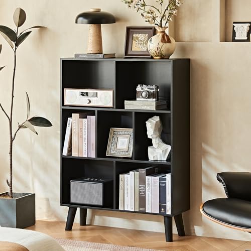 LEYAOYAO Cube Bookshelf, Mid-Century Modern Book Shelf with Legs, Black