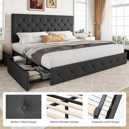 Allewie King Size Storage Bed Frame with 4 Underbed Drawers, Dark Grey