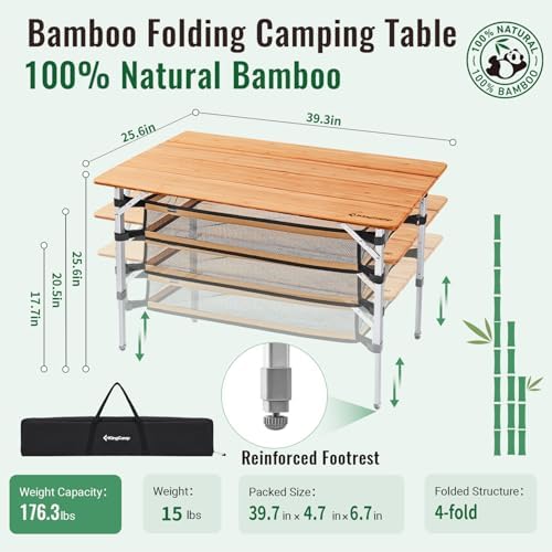 KingCamp Adjustable Height Bamboo Folding Camping Table with Storage