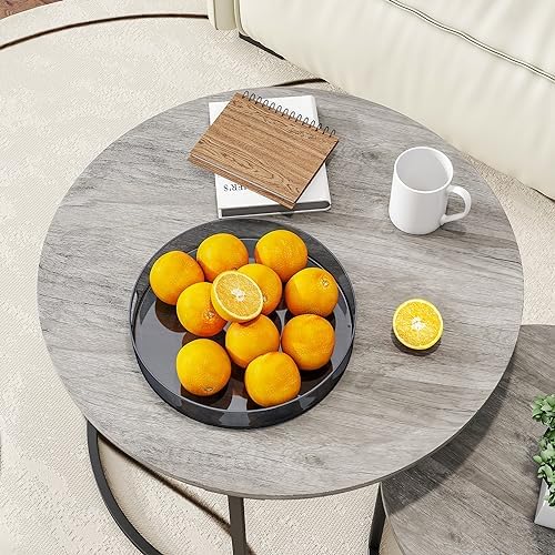 HOJINLINERO Round Nesting Coffee Tables Set of 2,Black+Warm Grey,Large | Cent...