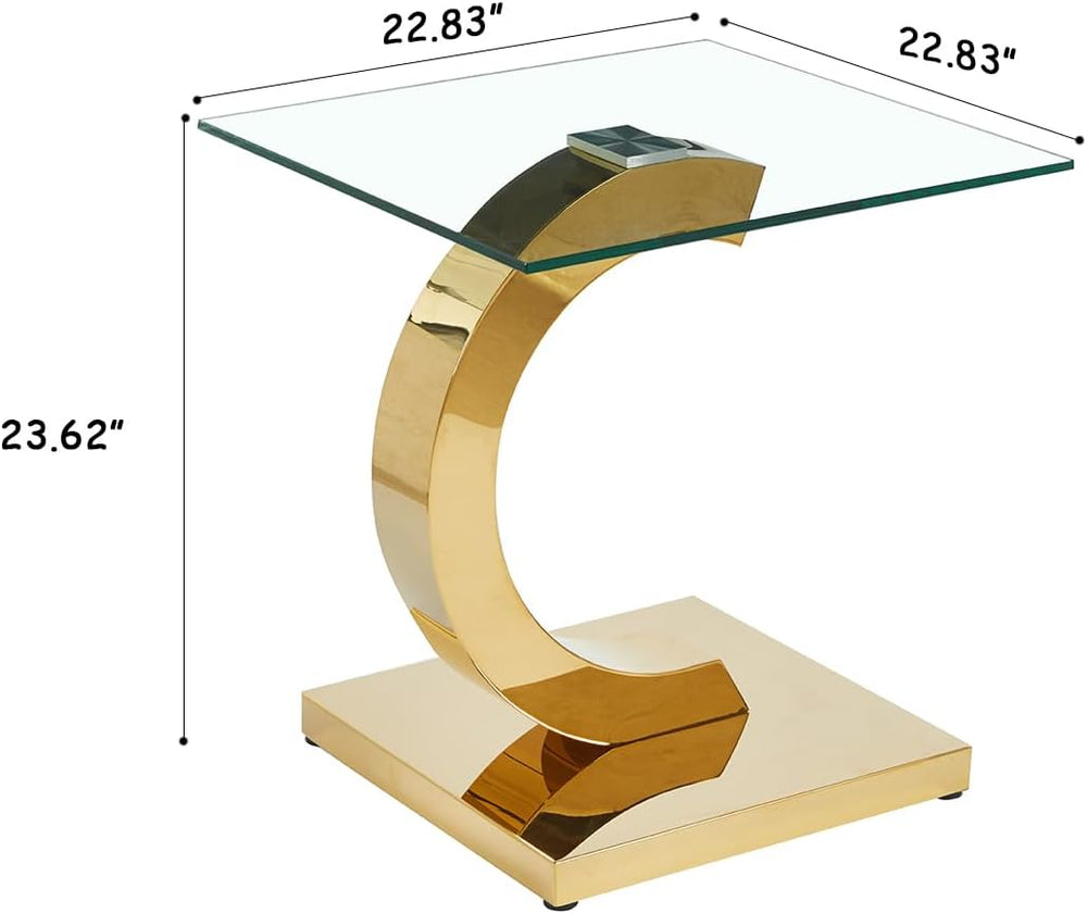 Modern Square Glass End Side Table with C-Shape Gold Stainless Steel Base, 22...