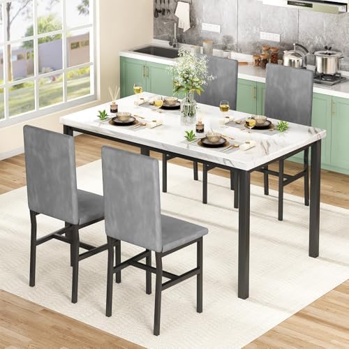 Hooseng 5-Piece Dining Table Set for 4 with Faux Marble Top & Velvet Chai...