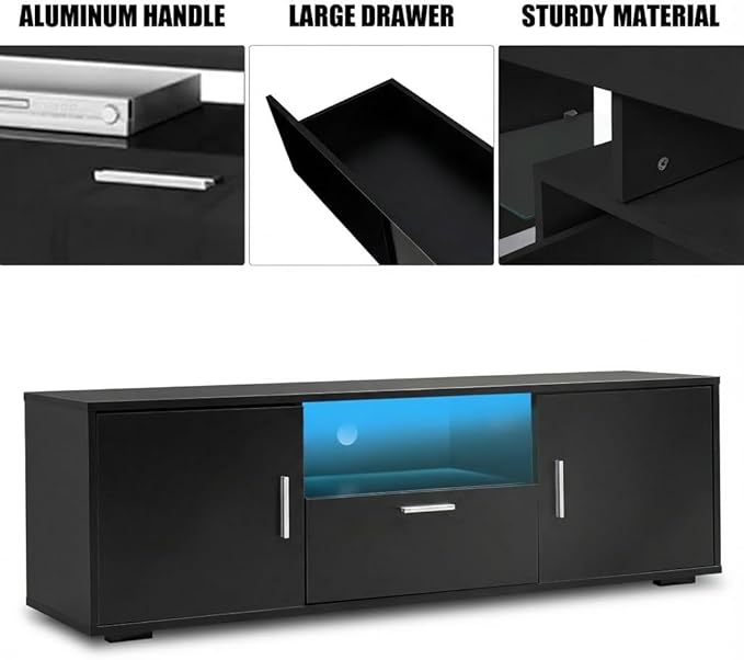 Modern TV Stand for 55 Inch TV – Black Entertainment Center with LED Lights & Spacious Storage Cabinets, Sturdy Media Console for Family Living Room or Bedroom