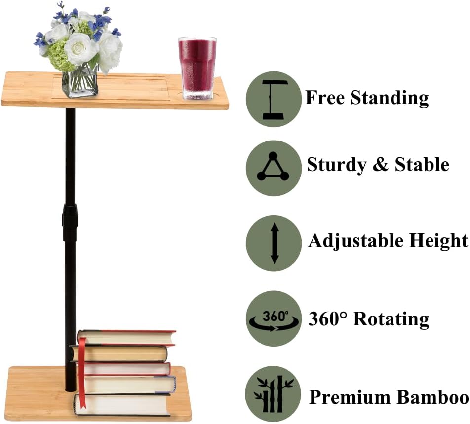 Height Adjustable Bamboo Couch Table, C-Shaped Oval End Table with Slots for ...