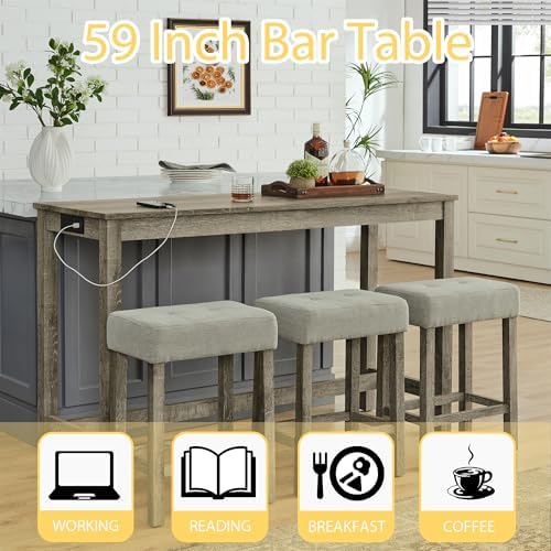 Merax 59" Bar Table Set with Power Outlet,Industrial Breakfast Table wit...