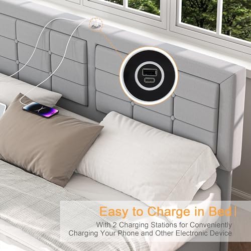 VECELO Full Size Bed Frame with 4 Drawers, Adjustable Tufted Button Headboard...