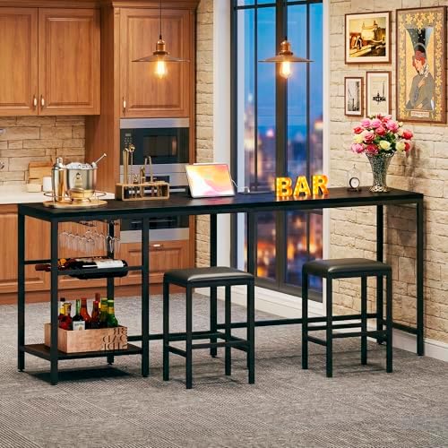 Bar Table and Chairs Set for 2-4, 3-Piece Convertible L-Shaped Dining Set wit...