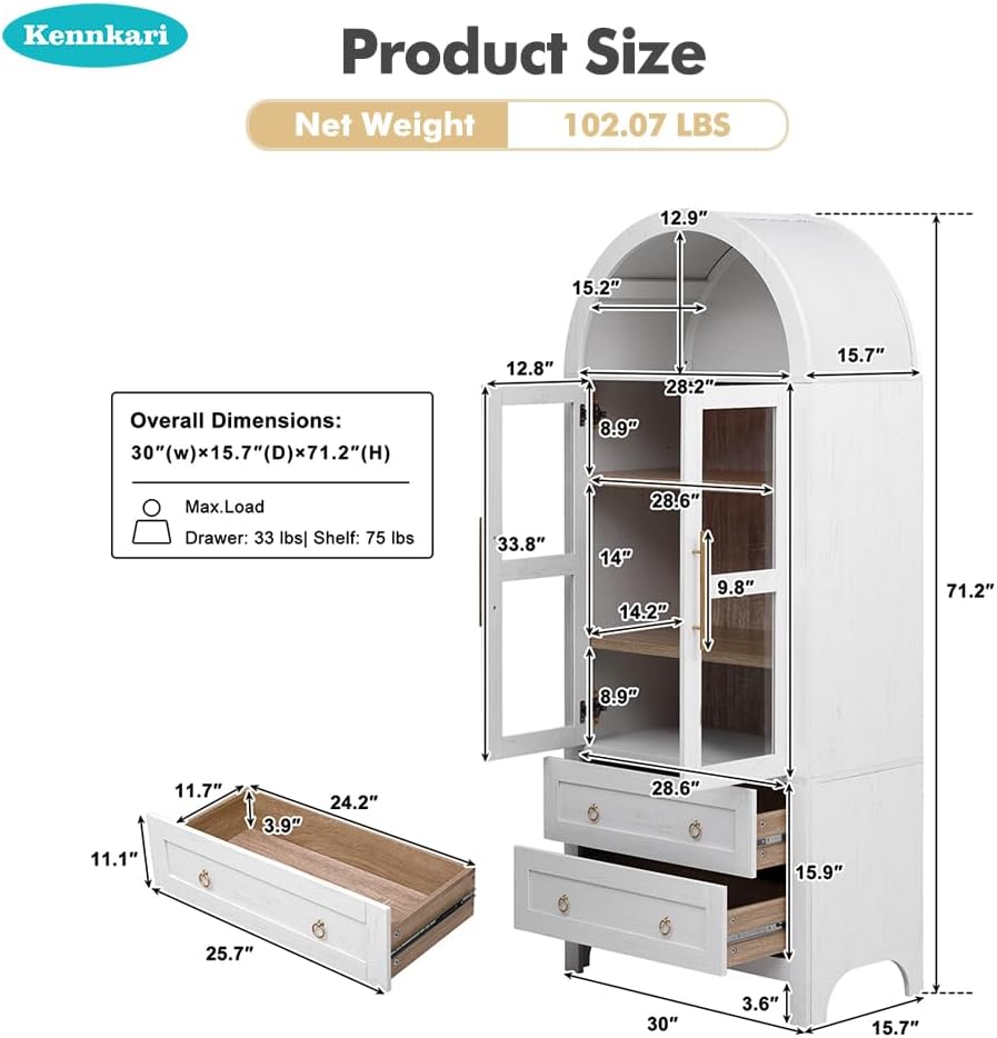 71" Tall Arched Kitchen Pantry Cabinet with 2 Large Drawers & Adjust...