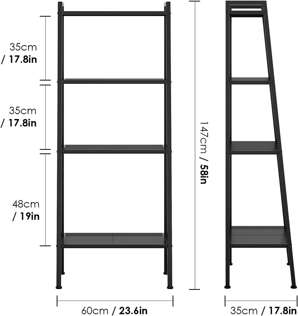4 Tier Ladder Shelf, 23.6L x 13.8W x 57.9H Inch Industrial Bookcase Ladder-Shaped Plant Flower Stand Rack Storage Shelves for Living Room, Black (HSSC-1)