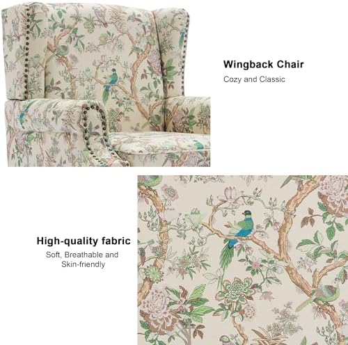 Wingback Accent Chair with Wood Legs, Bird, Set of 1 | High Back with Side Wings | Armrest Nailhead Trim | Solid Wood Frame | High-Density Foam Cushion | For Living Room & Bedroom
