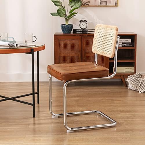 ONEVOG MCM Rattan Dining Chairs Set of 4, Faux Leather Retro Chair with Natur...